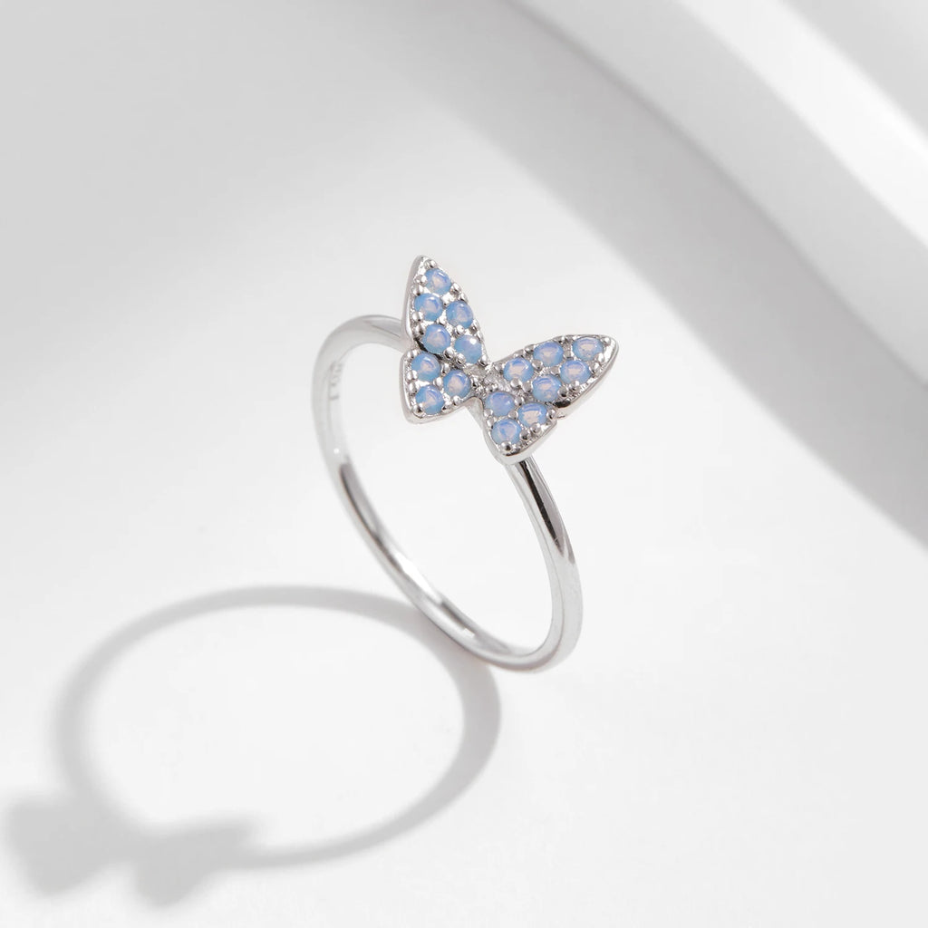 925 Sterling Silver Simple Charming Butterfly Blue Opal Finger Rings For Women Vacation Party Fine Jewelry Gifts