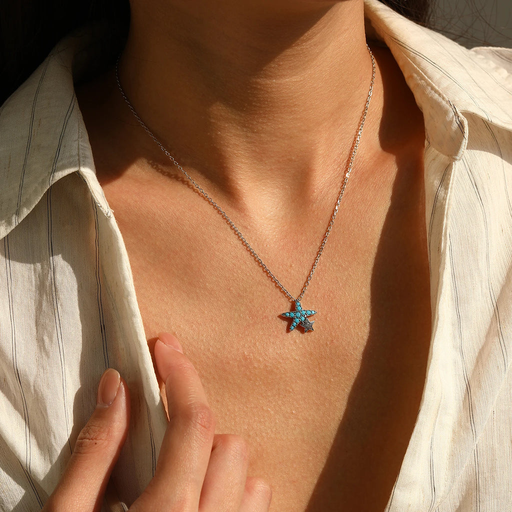 925 Sterling Silver Vintage Turquoise Necklace Starfish Stars Pendant Necklace for Women Lucky Daily Jewelry Gift