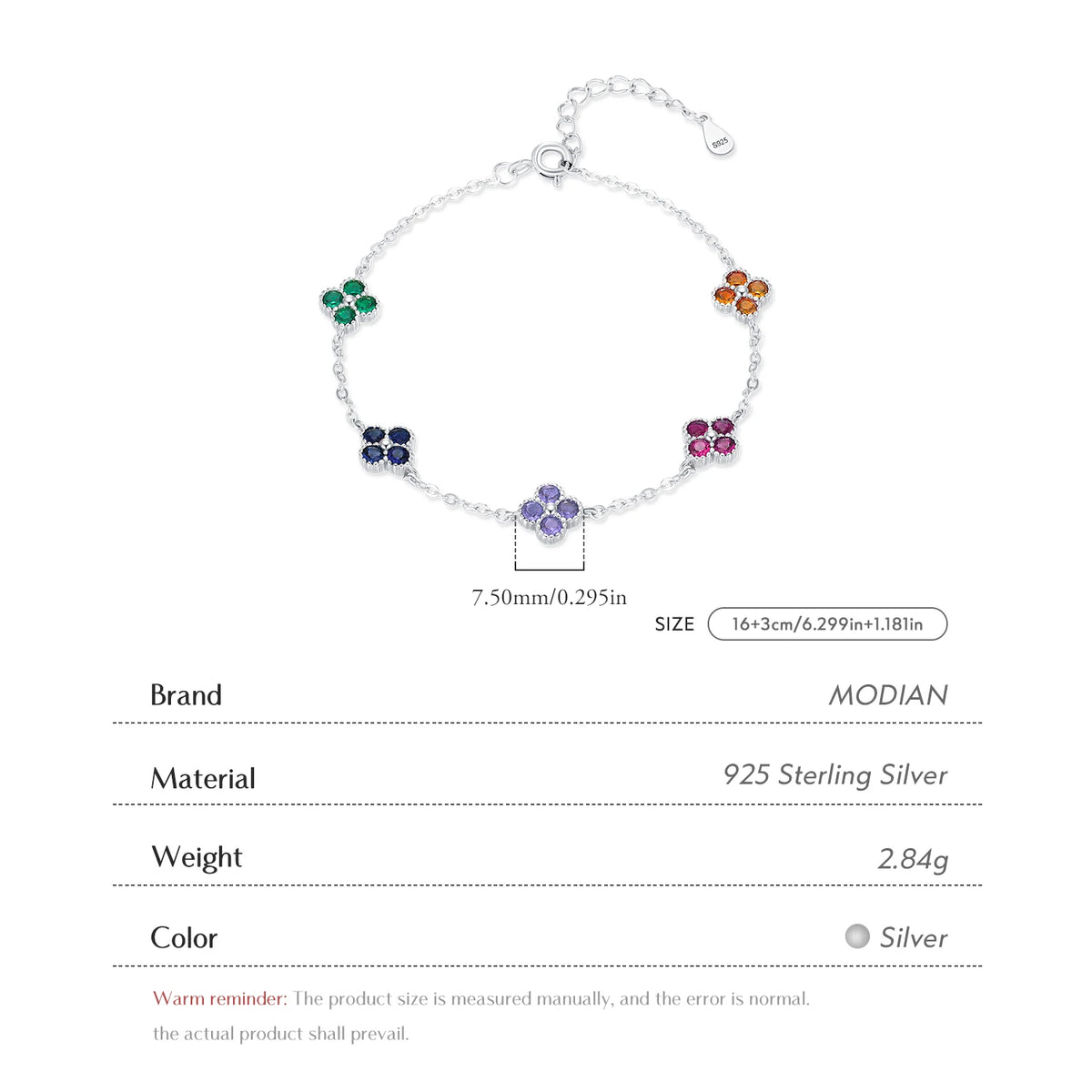 925 Sterling Silver Sweet Four Leaf Clover Colorful Zirconia Charm Fashion Stackable Bracelet For Women Fine Jewelry