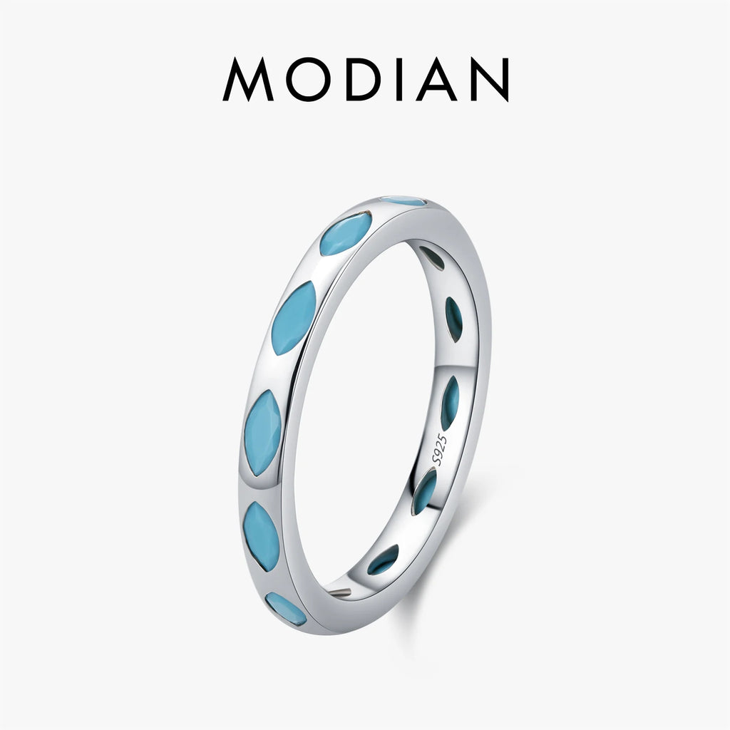 925 Sterling Silver Retro Rhombic Simulated Turquoise Stackable Eternity Fashion Stackable Band Ring For Women Jewelry