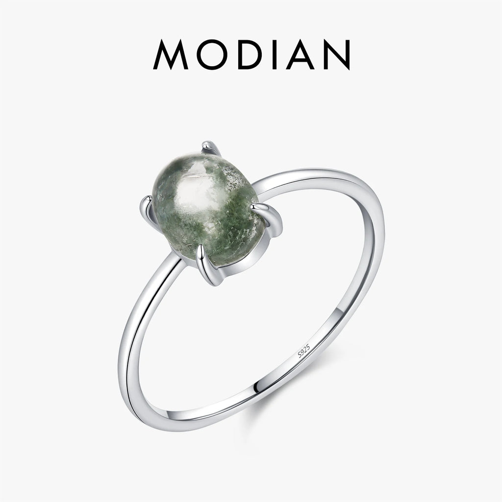 925 Sterling Silver Green Moss Agate Ring Oval Cabochon Thin Band Finger Rings Minimalist For Women  Fine Jewelry Gift ﻿