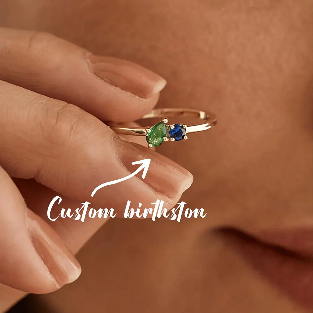 Custom Two Birthstone Rings Gold Color New Dainty Gemstones Minimalist Jewelry Gift For Wife Women Proposal Wedding Christmas