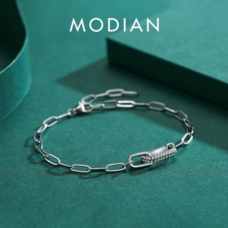 Trendy 925 Sterling Silver Geometric Link Lock Bracelet for Women Classic Zirconia Chain Female Bracelets Fine Jewelry