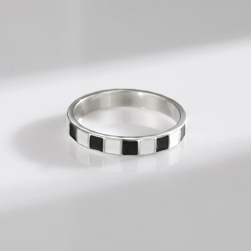 925 Sterling Silver Minimalist Black And White Grid Enamel Trendy Ring For Women Unique Original Design Ring Fine Jewelry