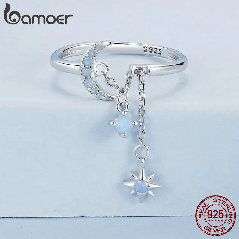925 Sterling Silver Opal Star and Moon Chain Double Layer Ring for Women Wedding Adjustable Ring for Women Fine Jewelry