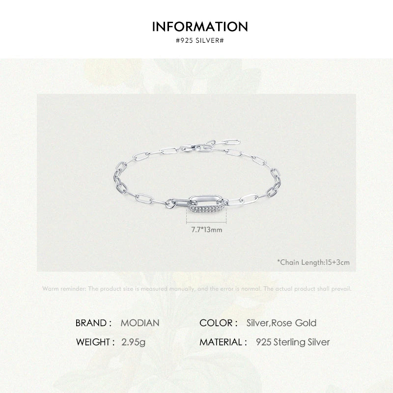Trendy 925 Sterling Silver Geometric Link Lock Bracelet for Women Classic Zirconia Chain Female Bracelets Fine Jewelry