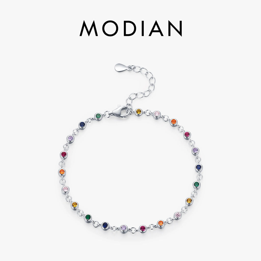Bohemia Style Charm Chain Bracelet For Women Real 925 Sterling Silver Rainbow Color CZ Female Fashion Jewelry Accessory
