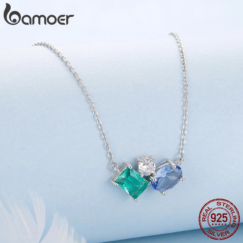 925 Sterling Silver Necklace Blue Green Stone  White Gold Zirconia Pendant Adjustable Chain for Women Fine Jewelry Gift