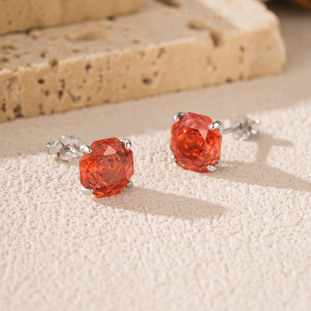 925 Sterling Silver Delicate Unisex Octagon Ear Stud Red Rose Cut Red CZ Stud Earrings For Women Fine Jewelry