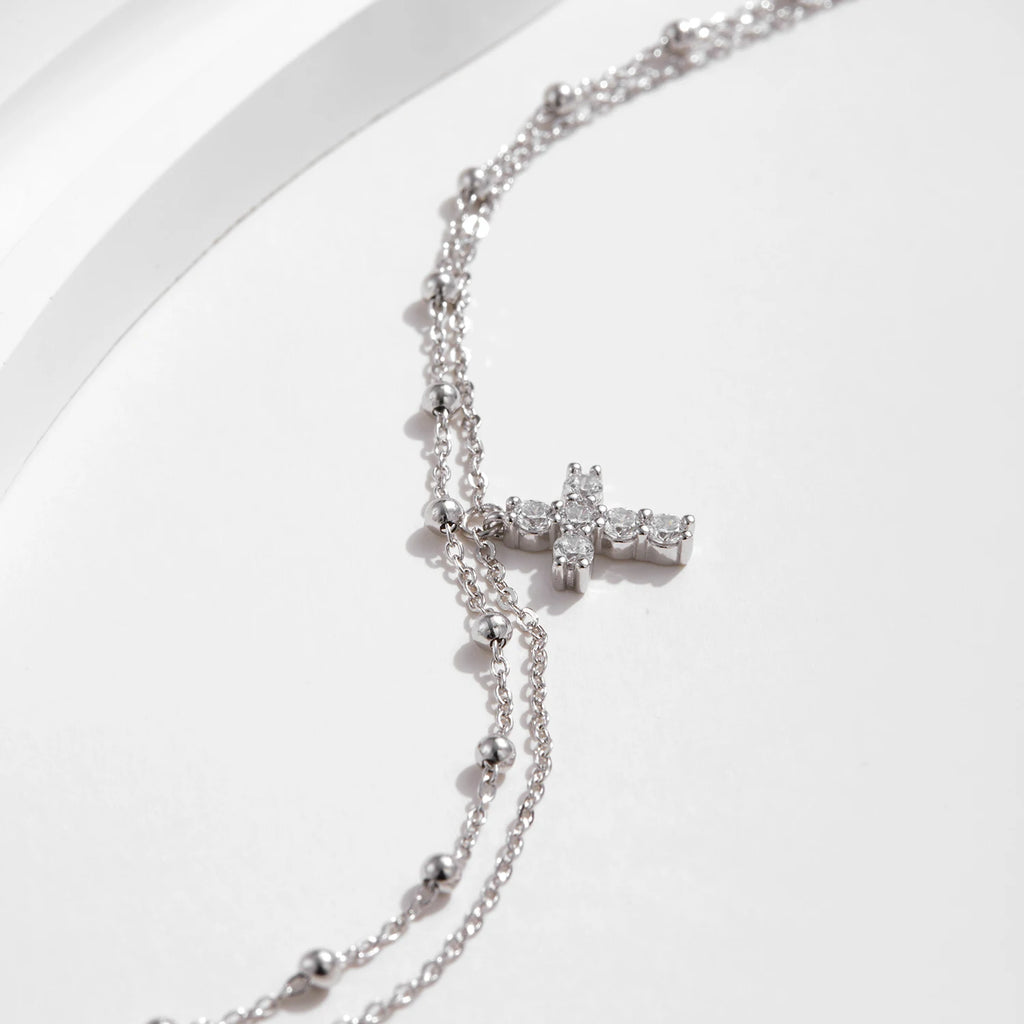 Exquisite Cross CZ Bracelet 925 Sterling Silver Stackable Double Layer Link Chain Beads Bracelets For Women Fine Jewelry