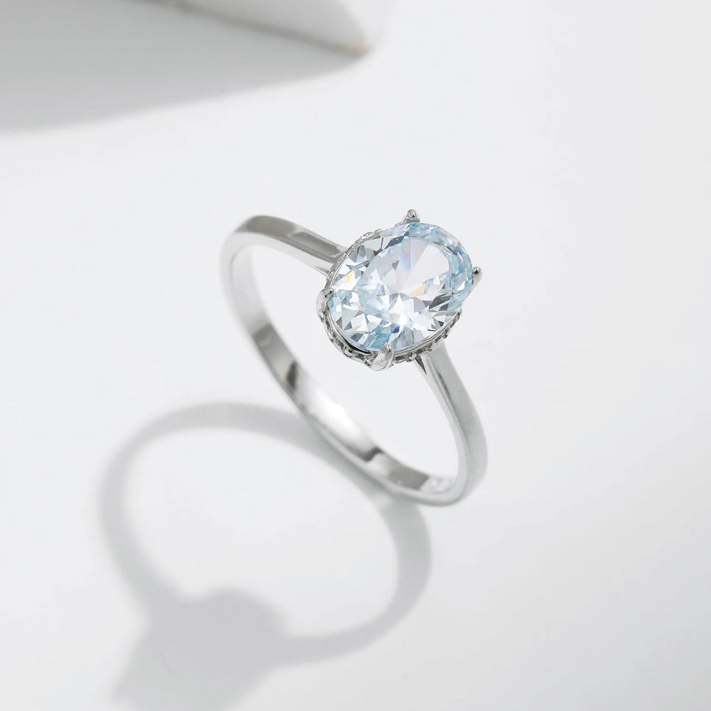 Classic Design 925 Sterling Silver Ocean Blue Zirconia Ring Platinum Plated Wedding Engagement Jewelry for Women Gifts