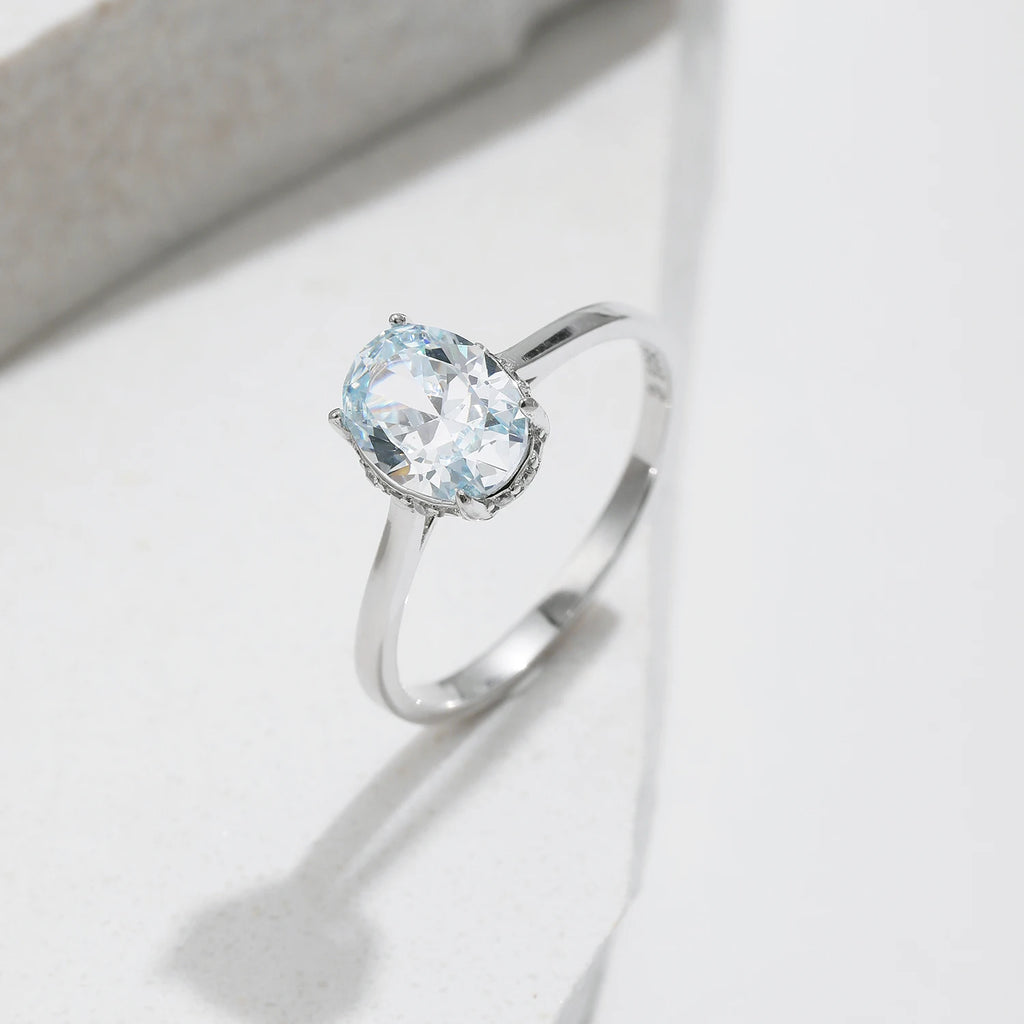 Classic Design 925 Sterling Silver Ocean Blue Zirconia Ring Platinum Plated Wedding Engagement Jewelry for Women Gifts