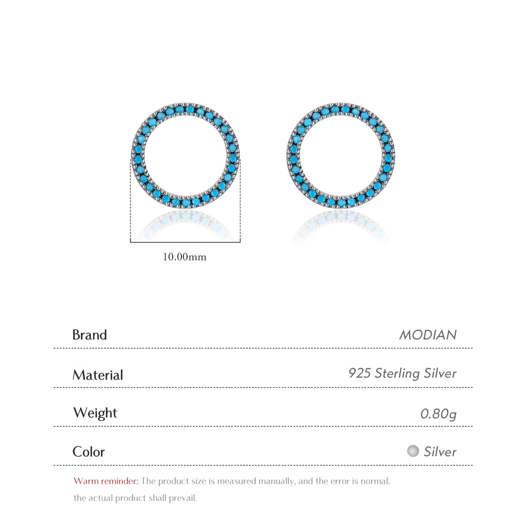 Elegant Circle Turquoise Stud Earrings Solid 925 Sterling Silver Trendy Round Female Ear Studs For Women Party Jewelry