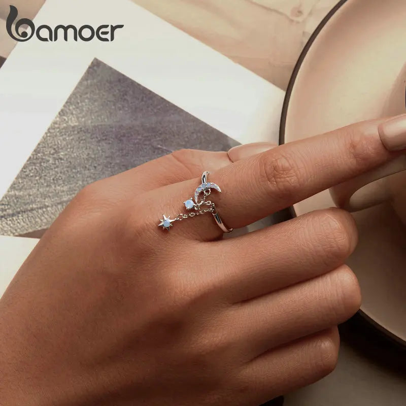 925 Sterling Silver Opal Star and Moon Chain Double Layer Ring for Women Wedding Adjustable Ring for Women Fine Jewelry