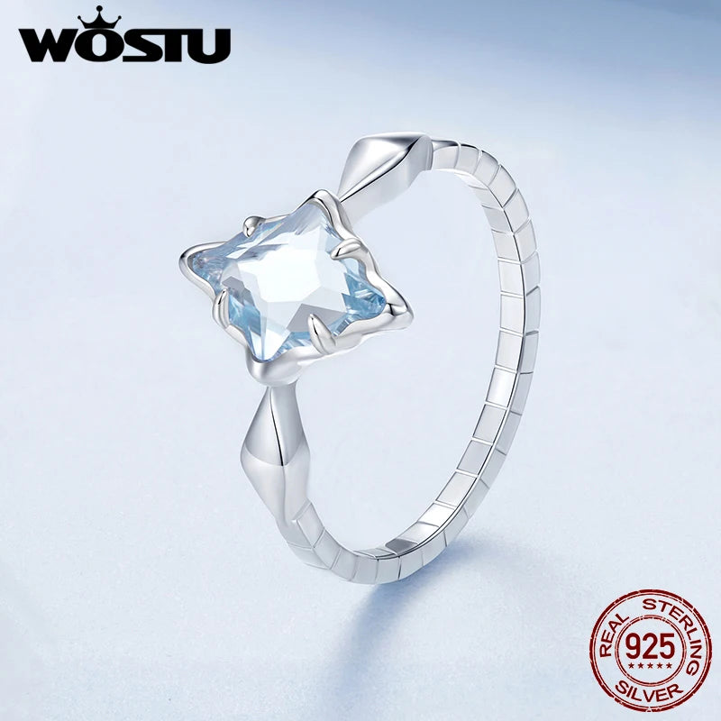 925 Sterling Silver Square Cut Light Blue Crystal Finger Ring For Women Wedding Party Jewelry Accessories Star Anillos