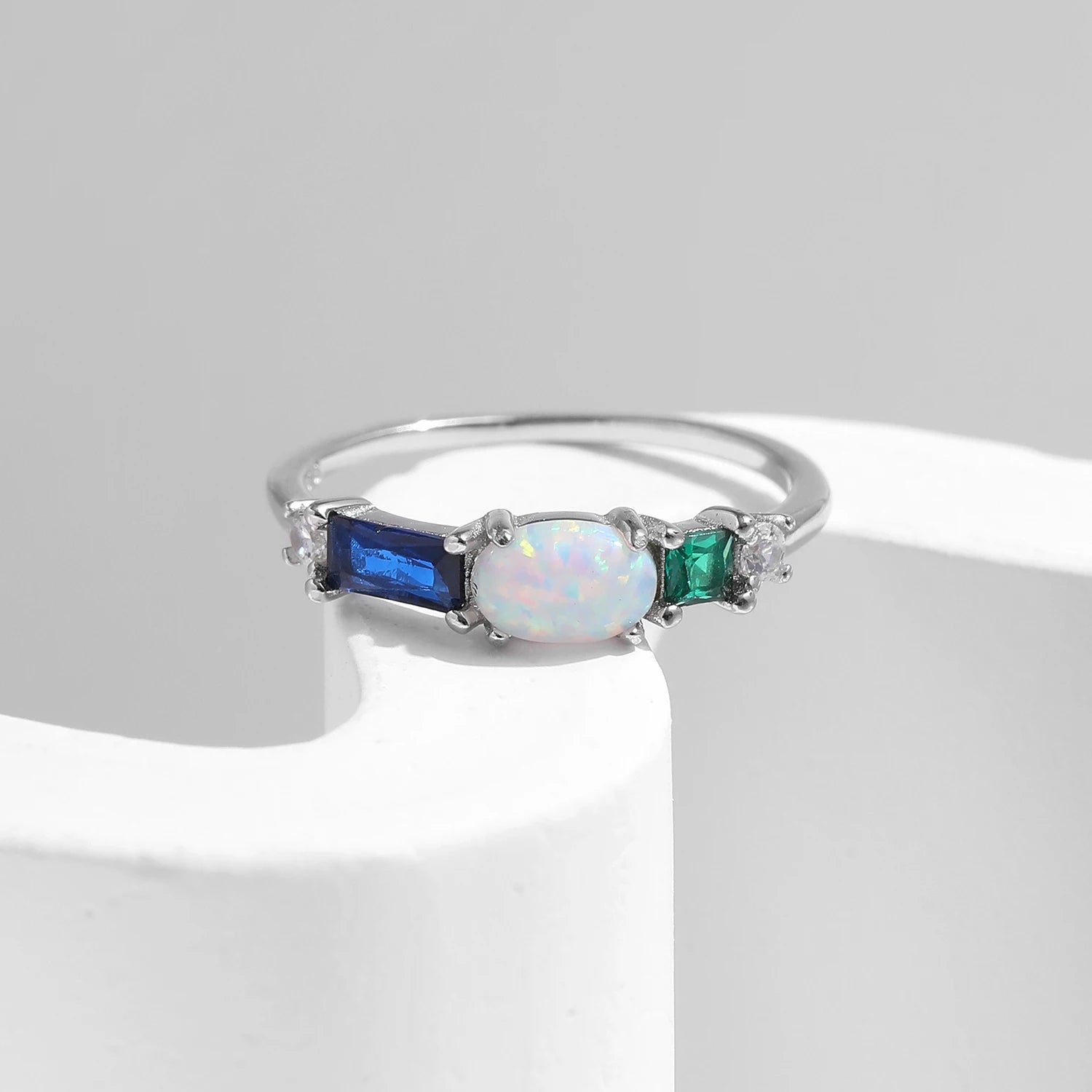 925 Sterling Silver Opal & Colorful Zirconia Luxury Finger Ring Platinum Plated Stackable Trendy Jewelry For Women