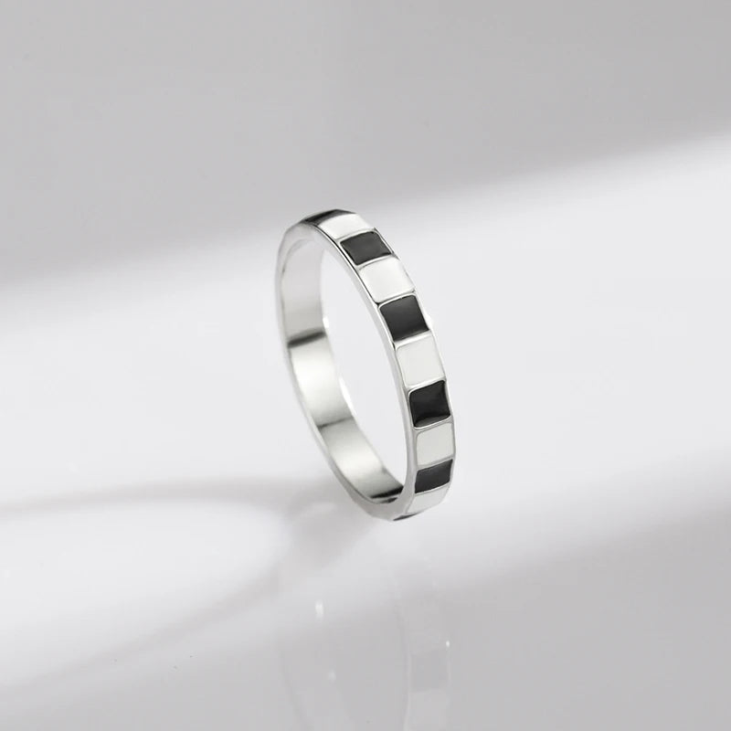 925 Sterling Silver Minimalist Black And White Grid Enamel Trendy Ring For Women Unique Original Design Ring Fine Jewelry