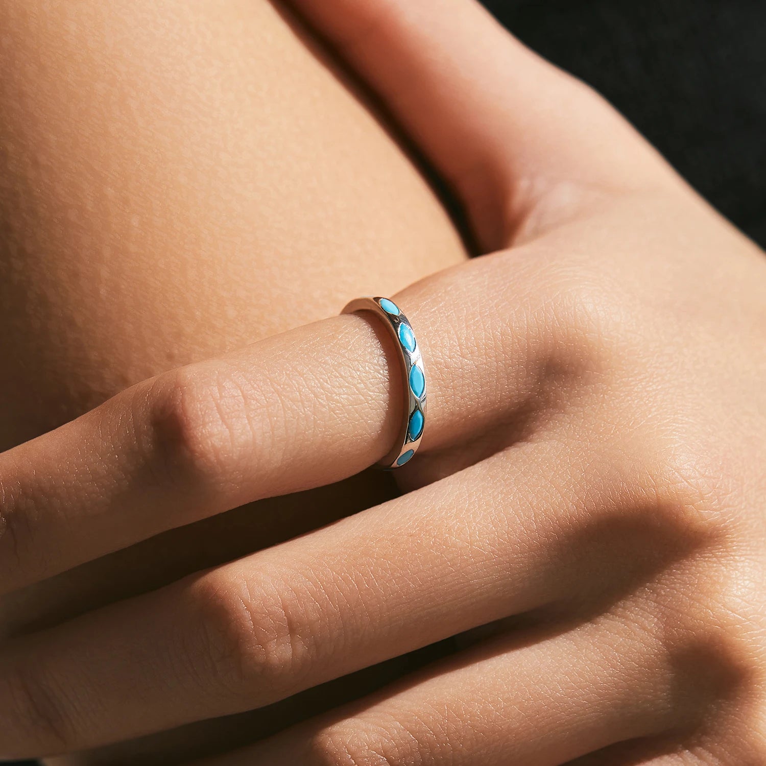 925 Sterling Silver Retro Rhombic Simulated Turquoise Stackable Eternity Fashion Stackable Band Ring For Women Jewelry