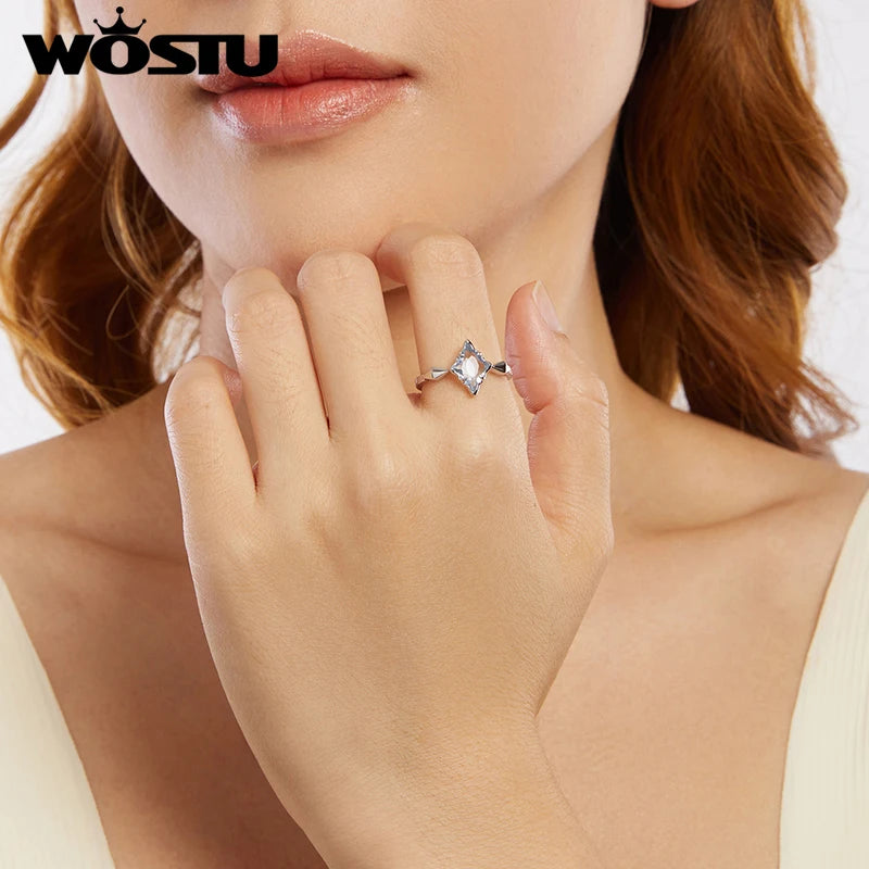 925 Sterling Silver Square Cut Light Blue Crystal Finger Ring For Women Wedding Party Jewelry Accessories Star Anillos