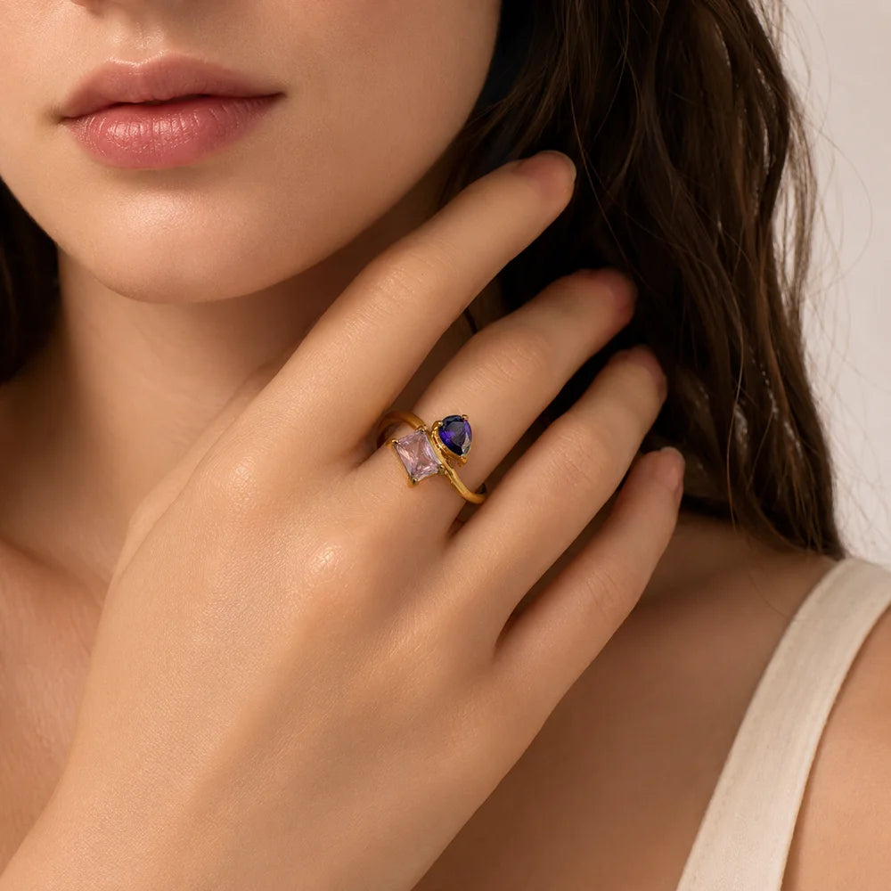 Custom Mother Daughter Birthstone Ring Personalized Infinity Bond Two Stone Ring 18K Gold Plated Jewelry Gift for Mom