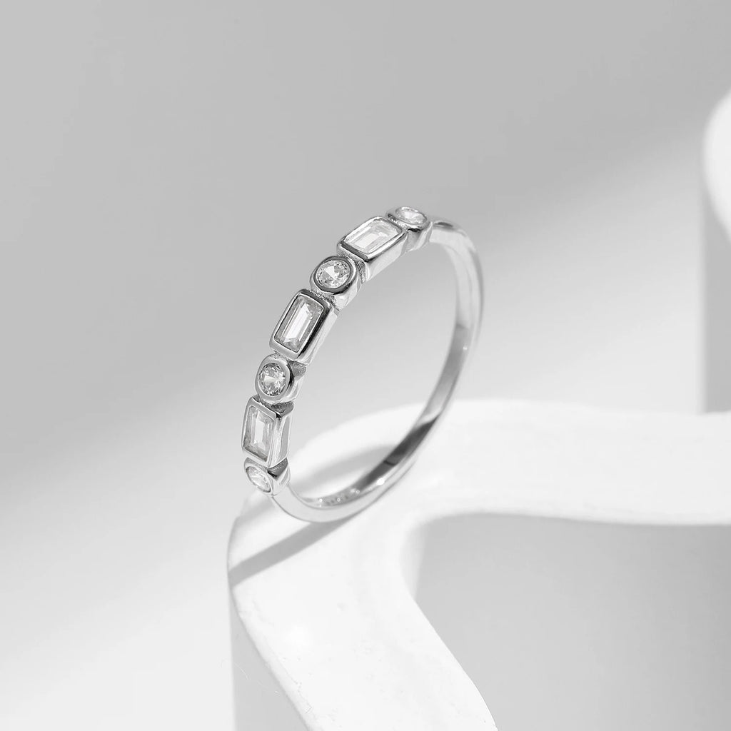 925 Sterling Silver Fashion Round Rectangle Dazzling Clear CZ Band Ring For Women Wedding Engagement Fine Jewelry