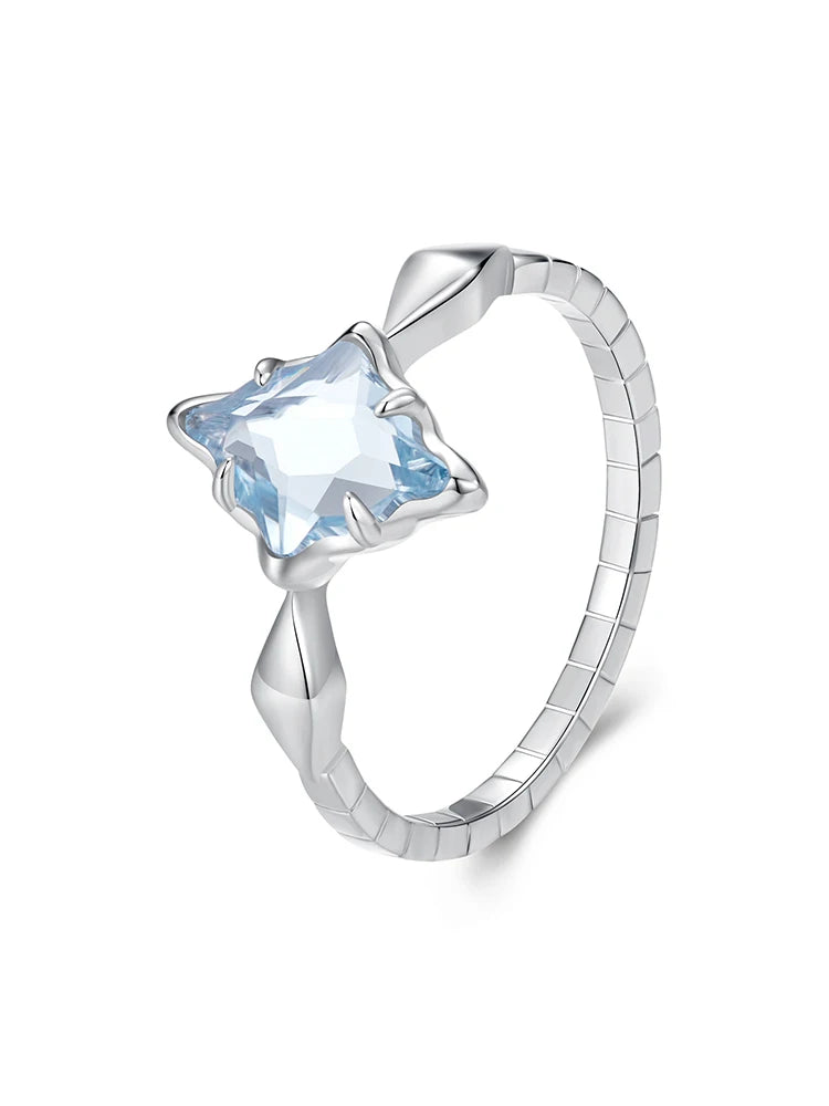 925 Sterling Silver Square Cut Light Blue Crystal Finger Ring For Women Wedding Party Jewelry Accessories Star Anillos