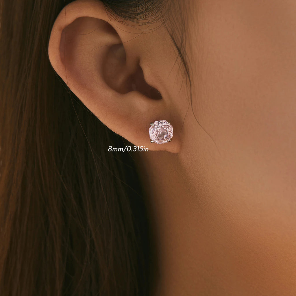 925 Sterling Silver Romantic Pink Rose Cut Sparkling Cubic Zirconia Stud Earrings For Women Party Trendy Jewelry