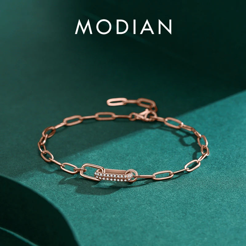 Trendy 925 Sterling Silver Geometric Link Lock Bracelet for Women Classic Zirconia Chain Female Bracelets Fine Jewelry