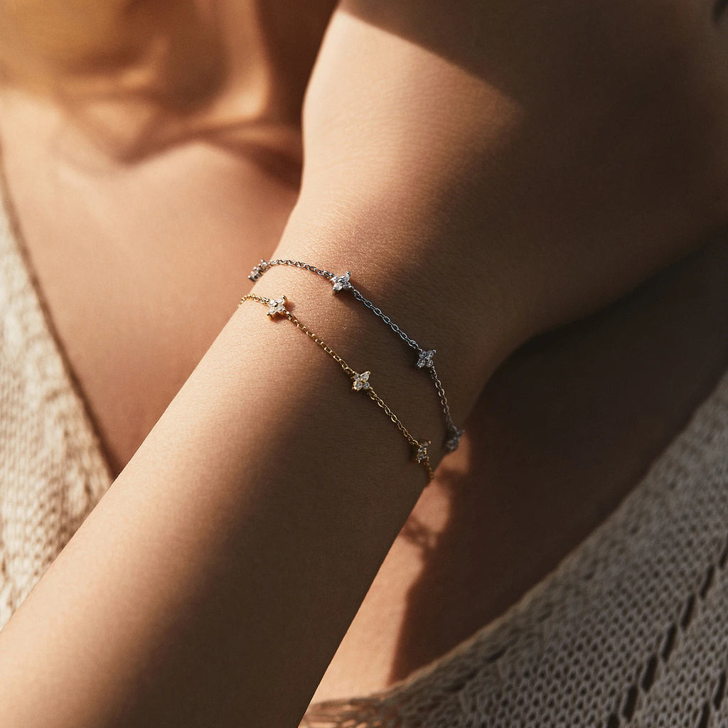 925 Sterling Silver Mini Flowers Bracelet Dainty Link Chain Pave Setting CZ For Women Wedding Fine Jewelry Gift