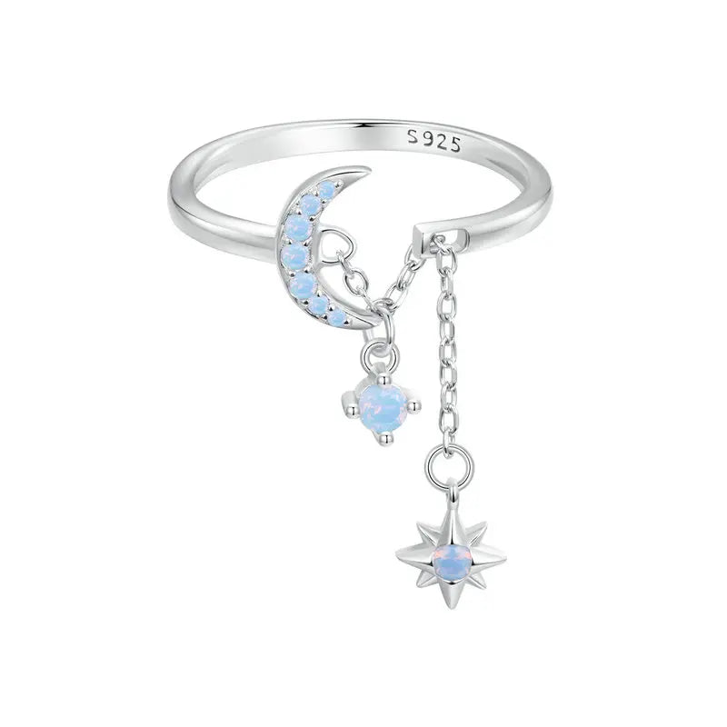 925 Sterling Silver Opal Star and Moon Chain Double Layer Ring for Women Wedding Adjustable Ring for Women Fine Jewelry