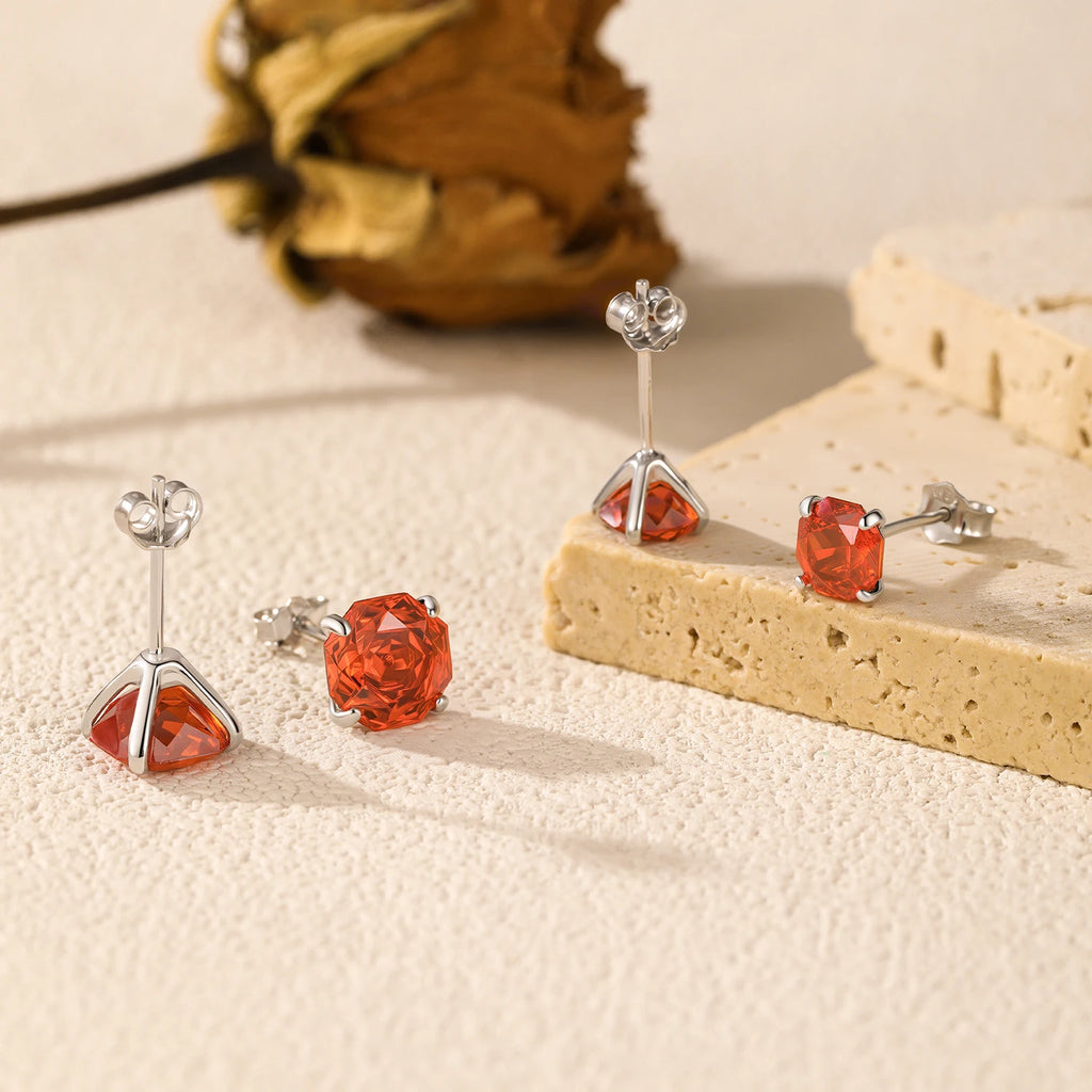 925 Sterling Silver Delicate Unisex Octagon Ear Stud Red Rose Cut Red CZ Stud Earrings For Women Fine Jewelry