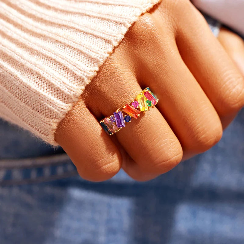 Huitan Irregualr Design Colorful CZ Women Rings Gold Color/Silver Color Geometric CZ Rainbow Rings Luxury Trendy Jewelry
