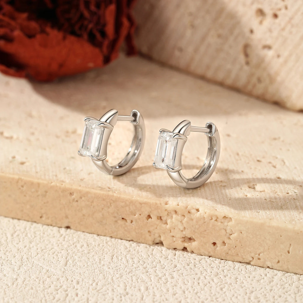 0.8CT Moissanite Ear Buckle 925 Sterling Sliver Simple Rectangle Lab Diamond Hoop Earrings For Women OL Fine Jewelry