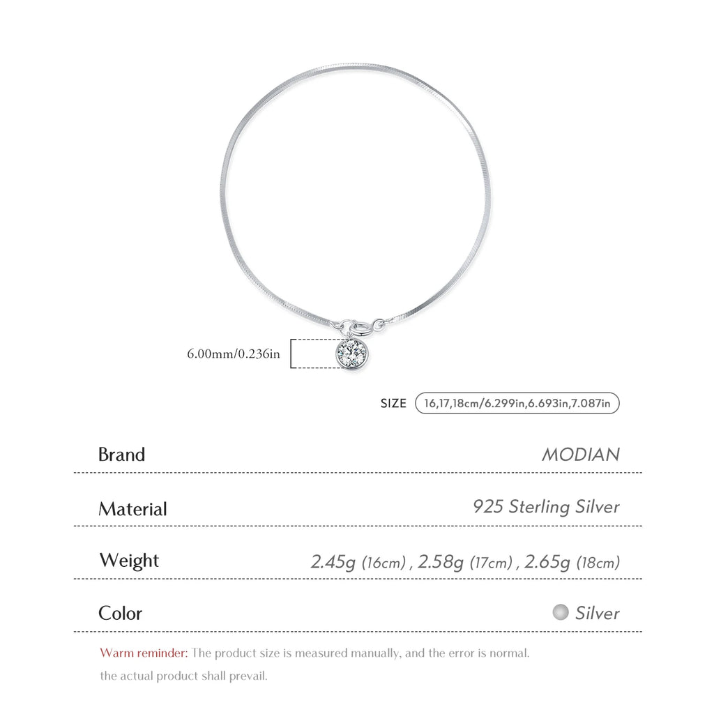 925 Sterling Silver Snake Chain Bracelet White Gold Sparkling Round CZ Charm Dainty Chain Bracelet for Women Jewelry