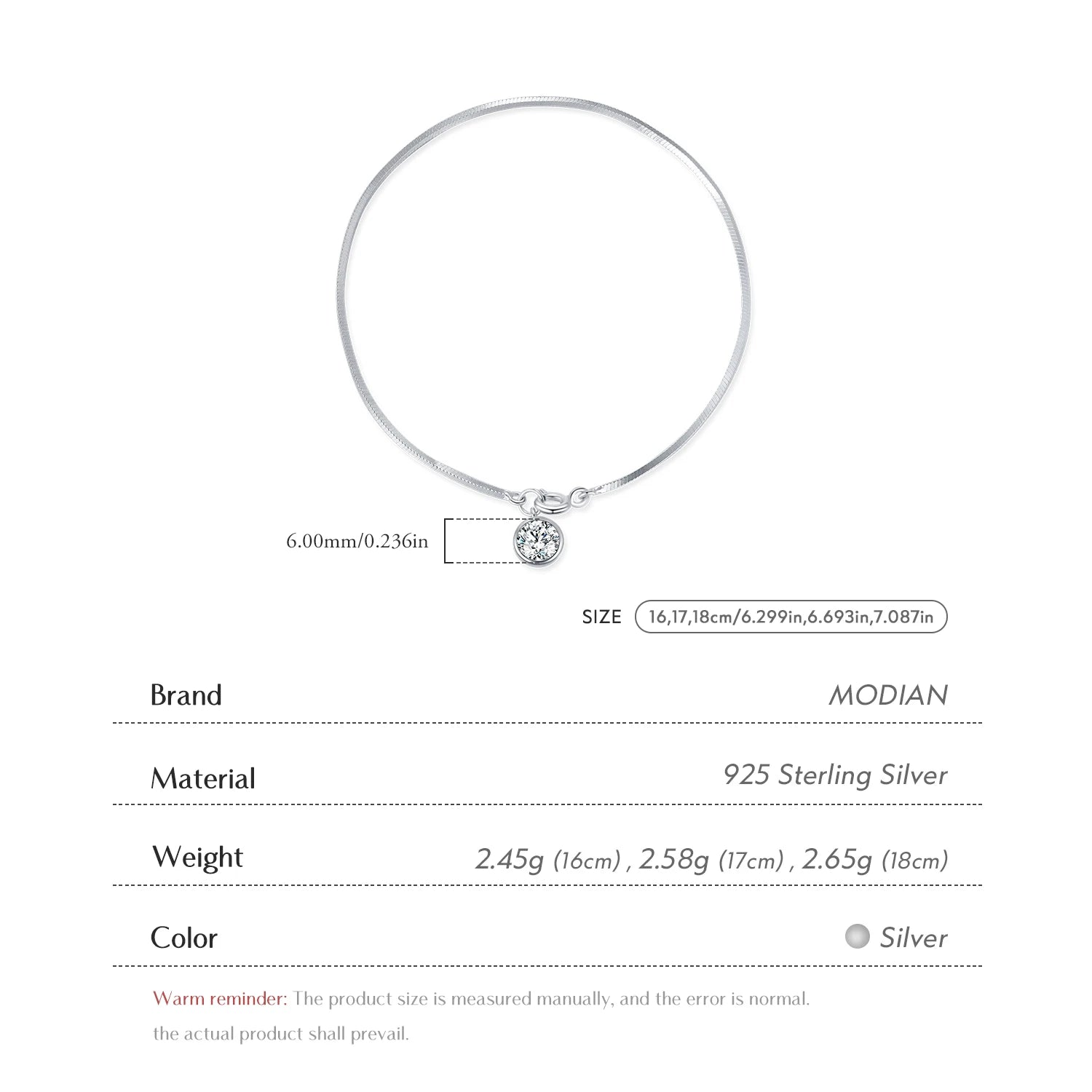 925 Sterling Silver Snake Chain Bracelet White Gold Sparkling Round CZ Charm Dainty Chain Bracelet for Women Jewelry