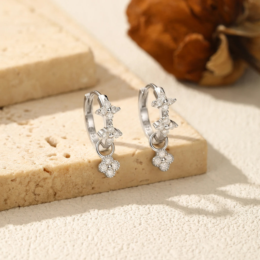 Dazzling Moissanite Ear Buckle 925 Sterling Silver Four Leaf Clover Swing Lab Diamond Hoop Earrings For Women Jewelry