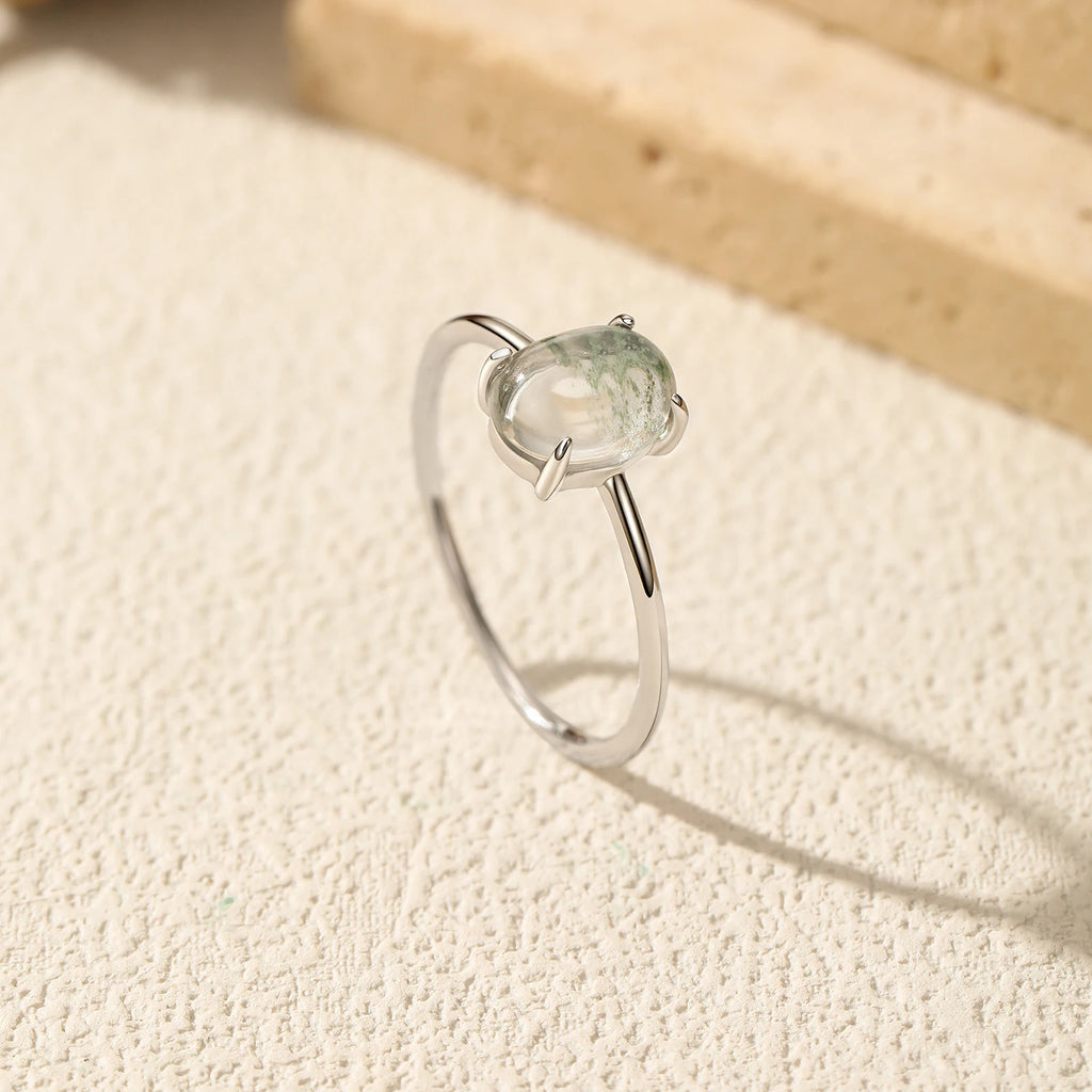 925 Sterling Silver Green Moss Agate Ring Oval Cabochon Thin Band Finger Rings Minimalist For Women  Fine Jewelry Gift ﻿