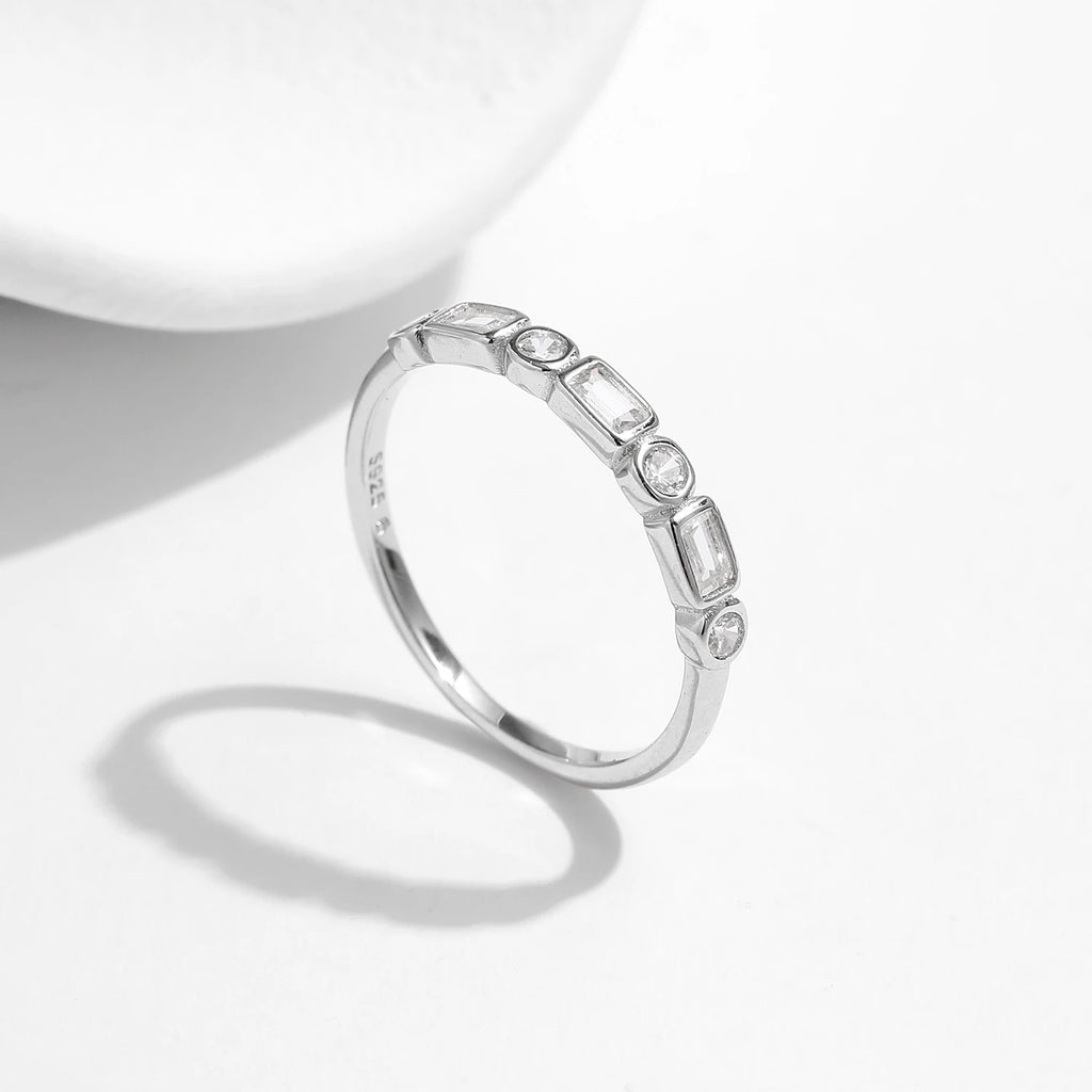 925 Sterling Silver Fashion Round Rectangle Dazzling Clear CZ Band Ring For Women Wedding Engagement Fine Jewelry