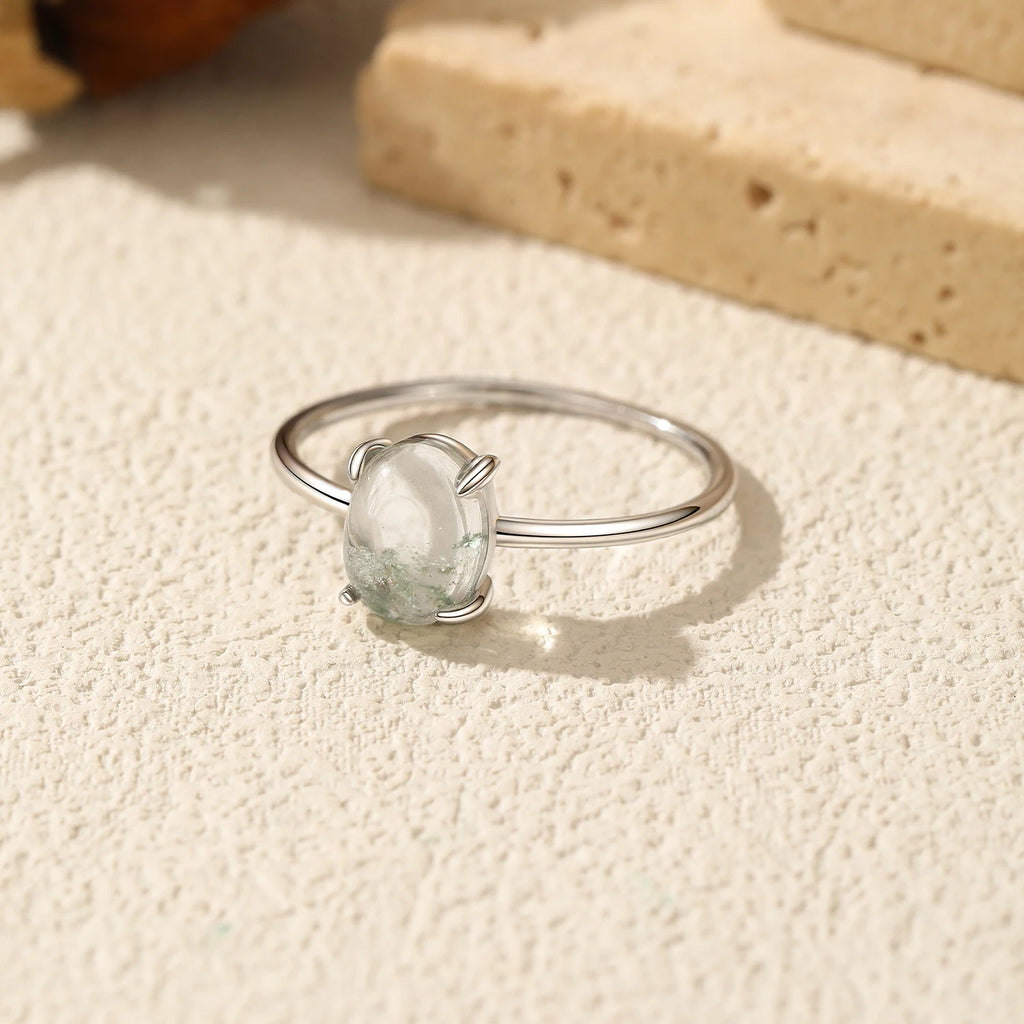 925 Sterling Silver Green Moss Agate Ring Oval Cabochon Thin Band Finger Rings Minimalist For Women  Fine Jewelry Gift ﻿