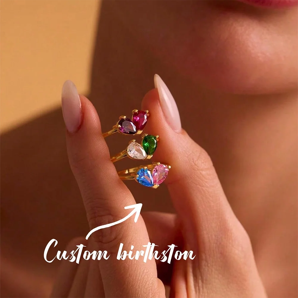 Custom Heart Birthstone Ring Elegant Women Personalized 2 Birthday Stone Anillos Couples Gold Color Jewelry Mothers Day Gifts