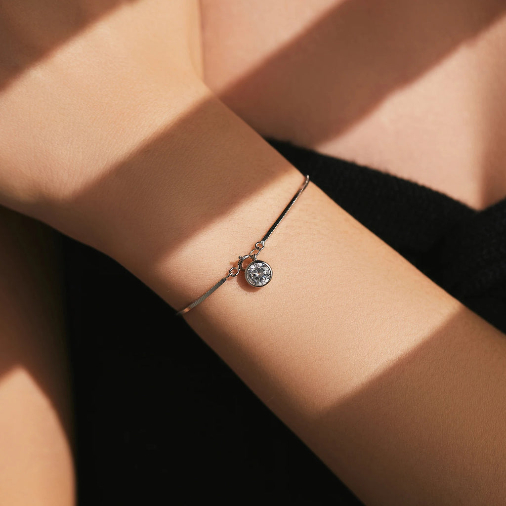 925 Sterling Silver Snake Chain Bracelet White Gold Sparkling Round CZ Charm Dainty Chain Bracelet for Women Jewelry