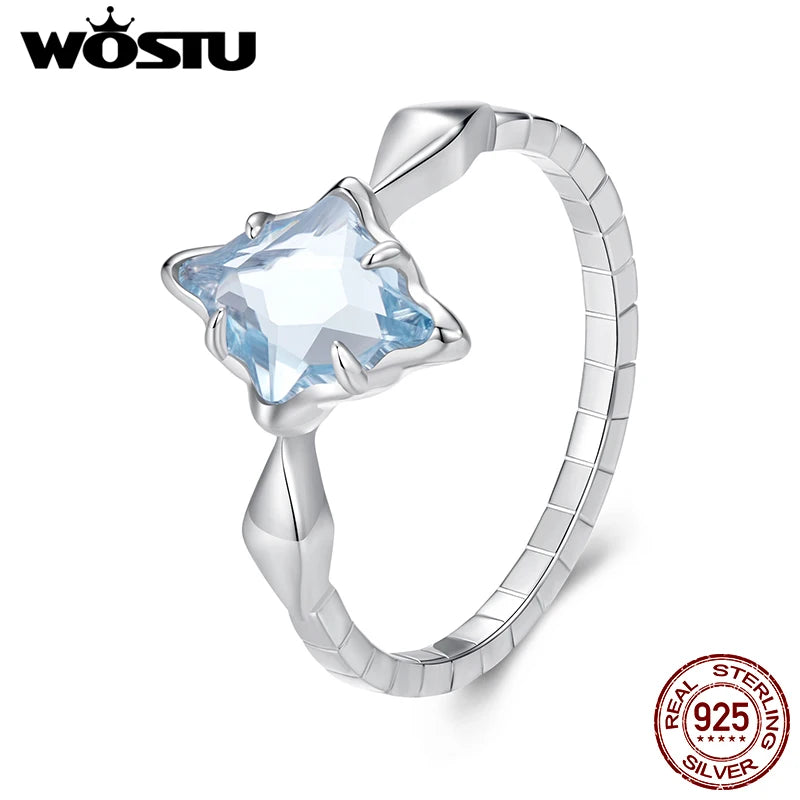 925 Sterling Silver Square Cut Light Blue Crystal Finger Ring For Women Wedding Party Jewelry Accessories Star Anillos