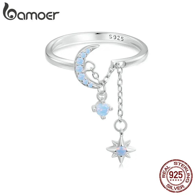 925 Sterling Silver Opal Star and Moon Chain Double Layer Ring for Women Wedding Adjustable Ring for Women Fine Jewelry