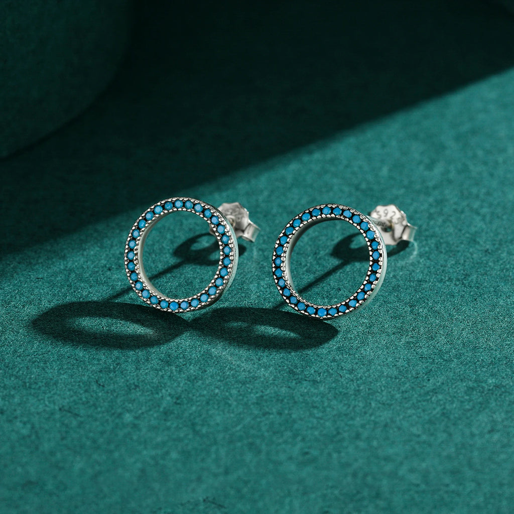 Elegant Circle Turquoise Stud Earrings Solid 925 Sterling Silver Trendy Round Female Ear Studs For Women Party Jewelry