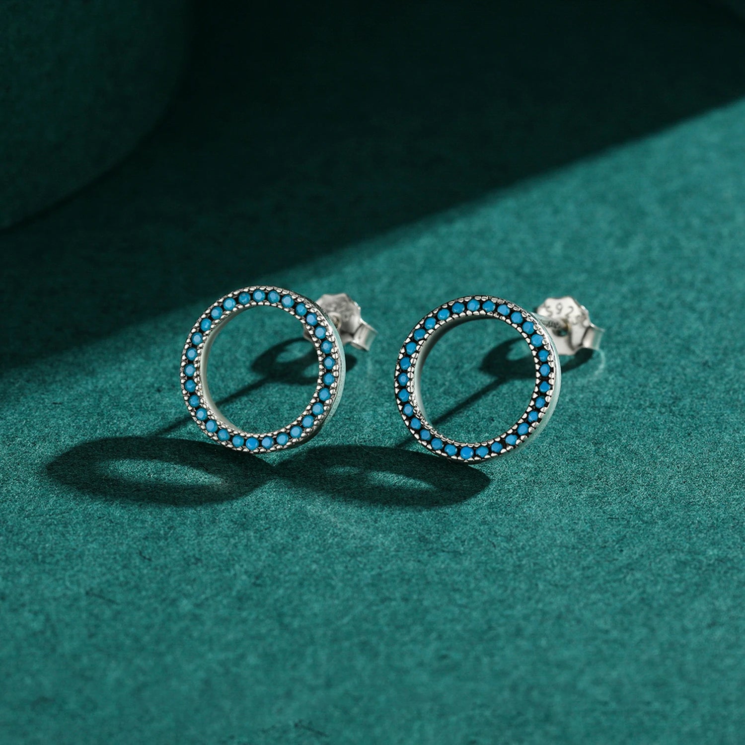 Elegant Circle Turquoise Stud Earrings Solid 925 Sterling Silver Trendy Round Female Ear Studs For Women Party Jewelry