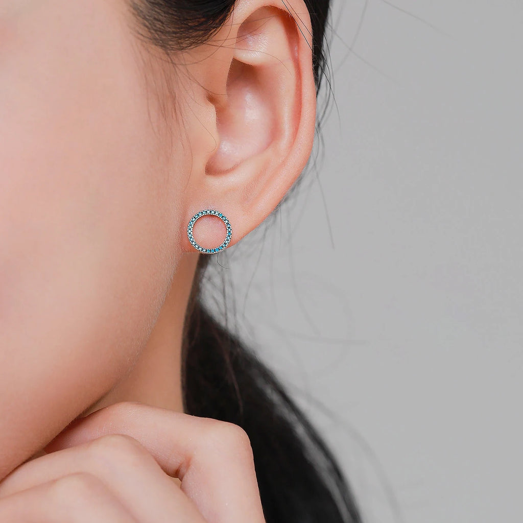 Elegant Circle Turquoise Stud Earrings Solid 925 Sterling Silver Trendy Round Female Ear Studs For Women Party Jewelry