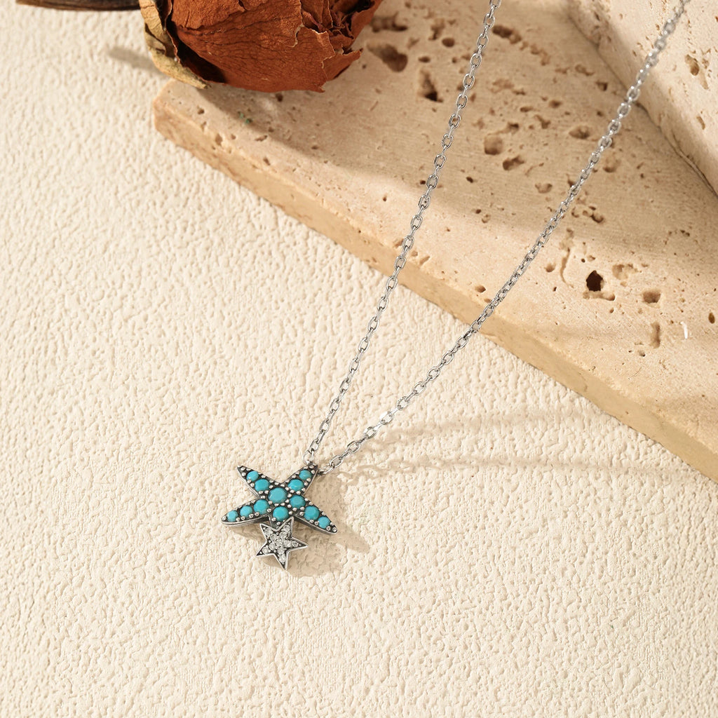 925 Sterling Silver Vintage Turquoise Necklace Starfish Stars Pendant Necklace for Women Lucky Daily Jewelry Gift