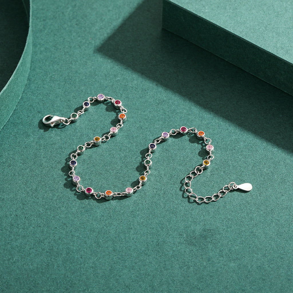 Bohemia Style Charm Chain Bracelet For Women Real 925 Sterling Silver Rainbow Color CZ Female Fashion Jewelry Accessory
