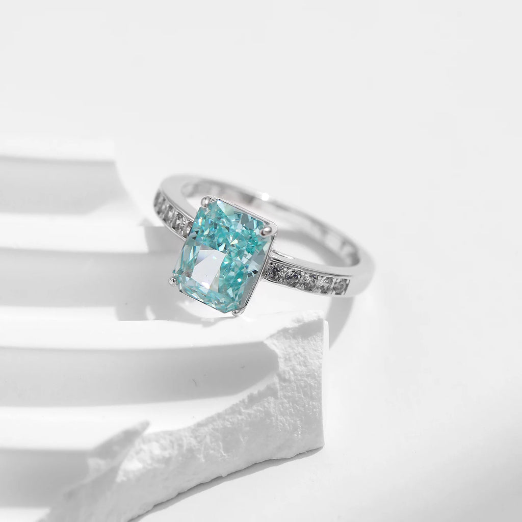 925 Sterling Silver Paraiba Color Crushed Ice Cut Cubic Zirconia Luxury Classic Cocktail Rings For Women Jewelry