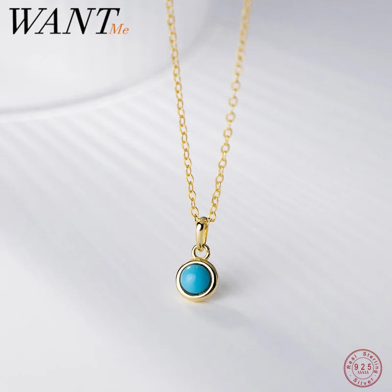 WANTME 925 Sterling Silver Simple Fashion Blue Turquoise Pendant Charm Chain Necklace for Women Elegant Statement Party Jewelry